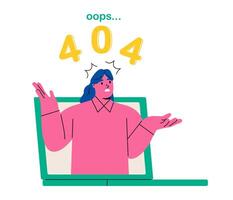 Frustrated expression business woman for Oops 404 error design concept landing page. Flat illustration isolated on white background vector