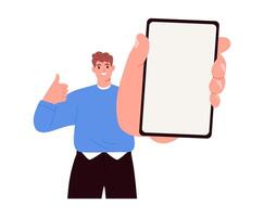 Man holding big smartphone with blank screen in hand. Flat illustration isolated on white background vector