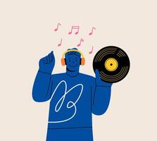 Man holding vintage vinyl music. Colorful illustration vector