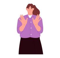 Puzzled woman stretches out hands showing palms calls to stop. Flat illustration isolated on white background vector