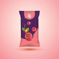 Raspberry product packaging with realistic fruits and leaves vector