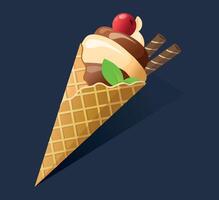 Tasty ice cream cone with chocolate and cherry topping vector