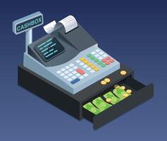 Cash register with open drawer full of money vector