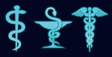 Neon glowing medical symbols with snake and wings design vector