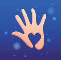 Hand with a heart symbol in the center on a magical background vector