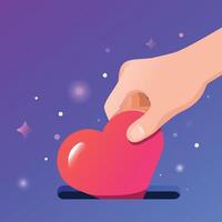 Hand putting a red heart into a donation box vector