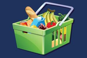 Fresh grocery basket with healthy food items and vegetables vector
