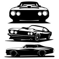 classic cars front view and side view black and white illustration design art vector
