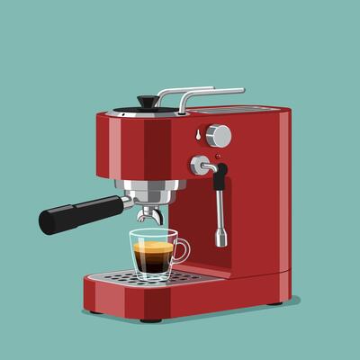 a red espresso machine is shown with a cup of coffee