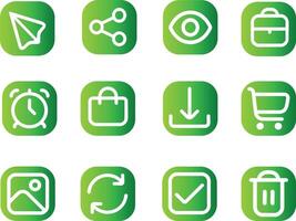 The illustration shows a set of 12 minimalistic green application icons on a white background. vector