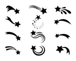 Shooting stars icon set. Shooting star silhouette. Black space comet with trail. Abstract cosmos. Simple illustration. vector