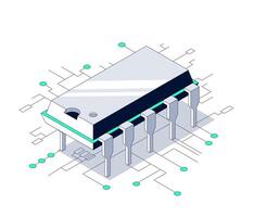 Minimalistic Isometric Microchip Illustration DIP Electronic Component vector