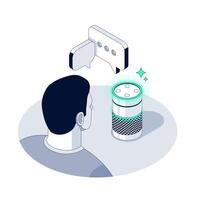Isometric Smart Speaker Interaction Ai Voice Assistant in Action. Man is talking to a smart speaker. The Character makes a Voice Prompt request to the Smart Assistant vector