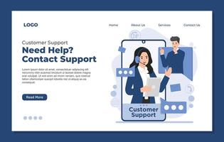 Flat landing page design template of customer support service. Online help desk. vector
