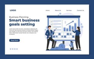 Landing page template for Business planning strategy teamwork objectives. with laptop and chart. illustration. vector