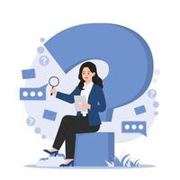 Businesswoman sitting on cube with question mark. Frequently asked questions. FAQ, vector