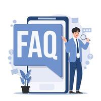 Illustration of an FAQ concept featuring a question and answer section, customer support, and help desk assistance vector