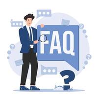 Flat design illustration concept of faq. Man with magnifying glass Frequently asked questions. FAQ, vector