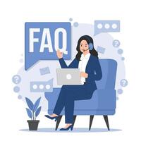 Flat illustration of a woman in Frequently asked questions. FAQ, vector