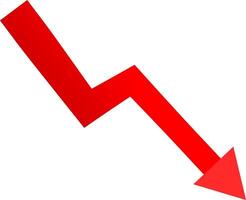 Red arrow pointing down, falling concept of loss market crash, falling red arrow indicating a decrease in value, big red arrow going down, business loss financial decline economic fall recession. vector