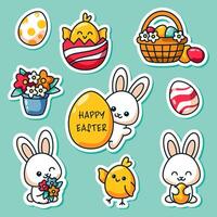 Set of Easter stickers. Rabbits, eggs, flowers vector