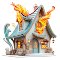 Whimsical fairytale house engulfed in animated flames png