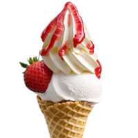 Soft serve ice cream in a crispy cone topped fresh strawberries png