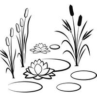 Pond scene black and white illustration with nature elements vector