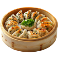 dumplings in a wooden container with vegetables isolated on transparent background png