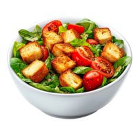 Delicious Salad With Croutons and Tomatoes in Bowl isolated on transparent background png