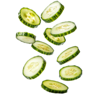 Falling pickled cucumber slices isolated on transparent background png