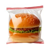 Fresh tasty burger bun in a plastic bag isolated on transparent background png