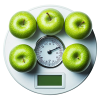 Green apples on digital weight scale isolated on a transparent background png