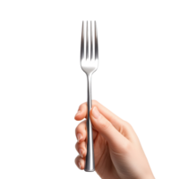 Hand holding metal fork isolated on transparent background png
