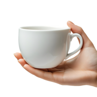 Hand holding white ceramic cup isolated on transparent background png
