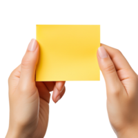 Hand holding a yellow sticky note isolated on transparent background png