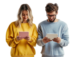 Male and female colleagues using the internet on a tablet isolated on a transparent background png