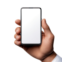 man hand holding a smartphone with a white screen isolated on transparent background png