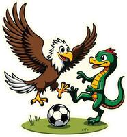 An eagle and lizard playing soccer stock photo vector