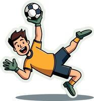 A cartoon soccer player is jumping to catch the ball vector