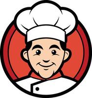 Chef with a toque, embodying culinary expertise, encircled by a vibrant red and black design, perfect for any food-related brand. vector