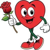 Cartoon heart figure, animated and vibrant, extending a single red rose as a gesture of love and affection vector