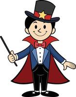 Magician, complete with a top hat, star, wand, and cape, stands ready to bring enchantment and wonder vector