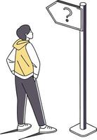 A person standing next to a sign with a question mark vector