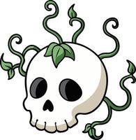Skull enveloped by vibrant green vines, symbolizing the intricate dance between life and mortality vector