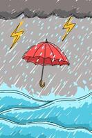 Illustration of a red umbrella with storm rain water on grey background. Marker style vector