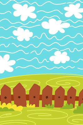Illustration of a field There is a wooden fence with green grass blue sky