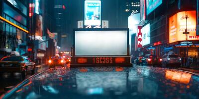 A rainy night in Times Square featuring a taxi's rooftop light amidst vibrant neon lights. photo