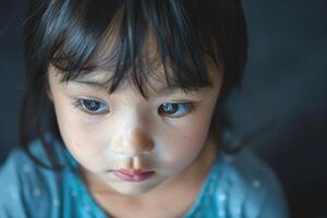 Portrait of an Asian girl with expressive blue eyes, lost in thought against a muted background. photo