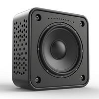 A modern black speaker showcasing a sleek design with perforated accents, ideal for enhancing audio experience. photo